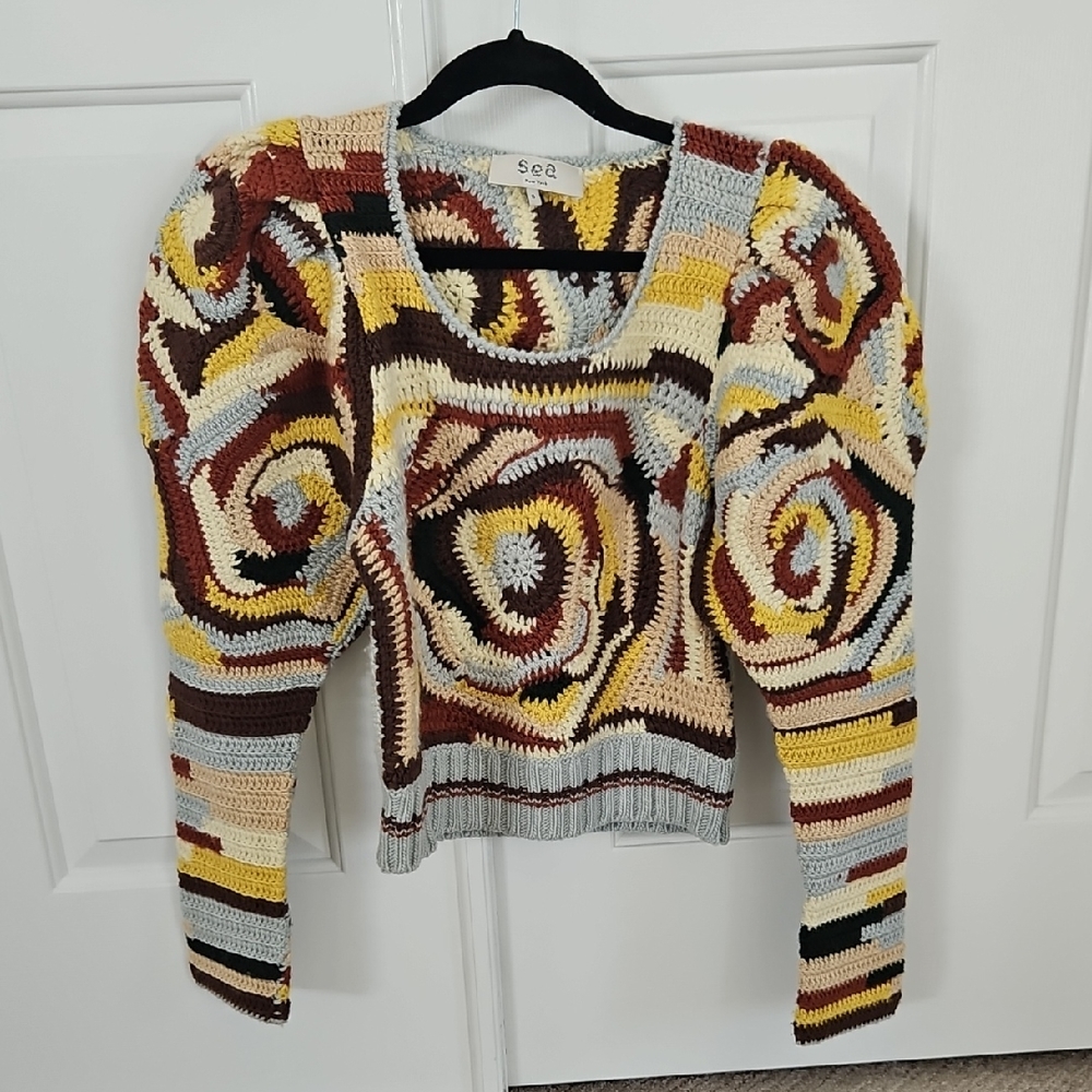 Sea Multicolor Crochet Spiral Knit Sweater - Yellow, Brown, Cream, Blue